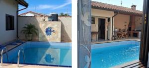 two pictures of a swimming pool next to a house at Casa de praia in Peruíbe