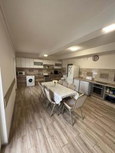 a kitchen with a table and chairs in a room at Ezüst Mező Vendégház in Nagyecsed