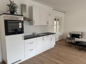 a white kitchen with a sink and a stove at Faraway Homes Studio Mautern #8 in Mautern in Steiermark