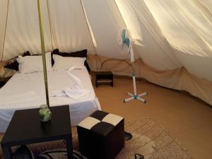 a bedroom with a tent with a bed and a fan at Aurora Glamping in Vama Veche