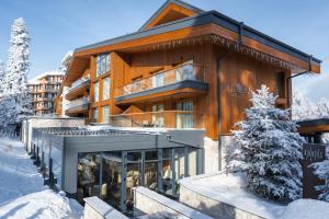 a building in the snow with a tree in front of it at Flora Boutique Hotel in Borovets