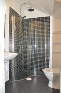 a bathroom with a shower and a toilet and a sink at Spånhults Herrgård Hotel in Norrahammar