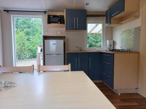 a kitchen with blue cabinets and a table with chairs at Mobil-House Parc des Roches in Saint-Chéron