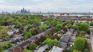 an aerial view of a city with buildings and trees at Trendy Home Spacious Backyard Historic Walkerville in Windsor