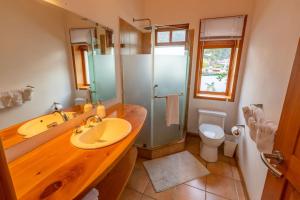 a bathroom with a sink and a shower and a toilet at Casa Tropical Atitlán in Panajachel +19 photos
