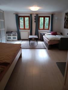 a bedroom with two beds and a table in it at Pravda in Loket
