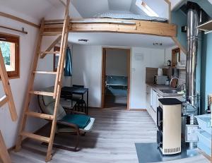 a room with a loft bed and a desk and a kitchen at Pravda in Loket