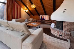 a living room with couches and a fireplace at Haus Roseneck mit gratis Zugang zur Jod-Sole-Therme in Bad Bevensen