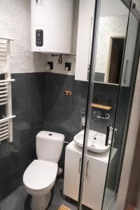 a bathroom with a toilet and a sink at Apartament Fantazja in Przemyśl