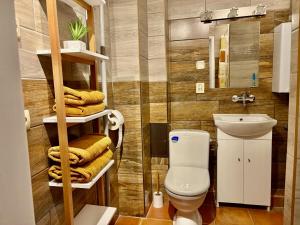 a bathroom with a toilet and a sink and towels at Przy Zamenhofa in Nowa Sól