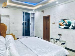 a bedroom with a bed and a tv on a wall at Derucci Luxury Apartment in Owerri