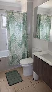 a bathroom with a toilet and a shower curtain at Pucon, casa condominio in Pucón +9 photos