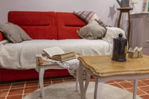 a living room with a couch and a table with books at chez Thérèse in Auxonne