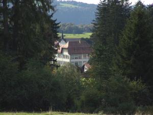a large white building in the middle of trees at La Colonie, former watch factory in Les Pommerats