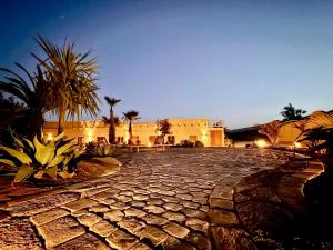 a stone walkway with palm trees and a building at Apartamentos Finca RiscoTierra in Arafo