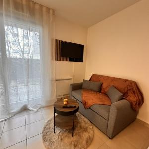a living room with a couch and a table at Les Jardins de Rastel Studio in Lyon