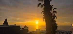 a sunset from a building with a palm tree at Medano House Ocean Beach in El Médano +4 photos