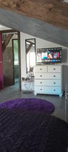 a bedroom with a dresser with a tv and purple rug at A Larriou in Mirepoix