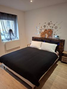 a bedroom with a large black bed with a window at Secret Night in Audincourt
