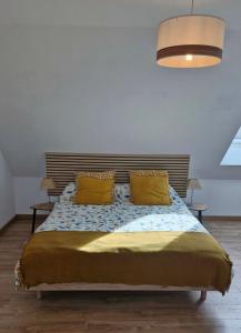 a bedroom with a large bed with two yellow pillows at Chambre confortable chez Isabelle in Cléden-Cap-Sizun