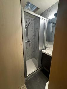 a bathroom with a shower and a sink at Tinyhouse Polderpanorama in Haastrecht