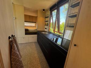 a bathroom with a sink and a large mirror at Tinyhouse Polderpanorama in Haastrecht