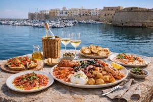 a table with plates of food and glasses of wine at Suite Acquamarine by Symphonya Luxury Holiday Rentals in Gallipoli