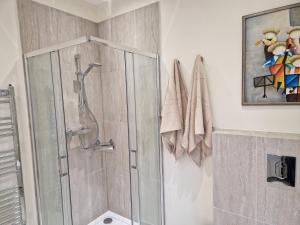 a bathroom with a shower with a glass shower stall at Osterley Room in Isleworth