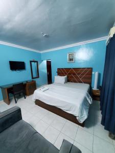 a bedroom with a bed and a desk and a television at Romeo Apartment in Ipaja