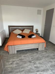 a bedroom with a bed with an orange comforter at BOUTON D'OR Studio Terrasse Grand Lit Coin Repas in Château-Arnoux-Saint-Auban