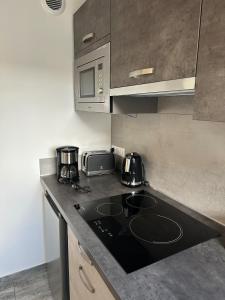 a kitchen with a counter top with a stove and microwave at BOUTON D'OR Studio Terrasse Grand Lit Coin Repas in Château-Arnoux-Saint-Auban
