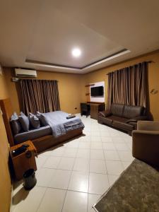 a bedroom with a bed and a couch and a television at Romeo Apartment in Ipaja