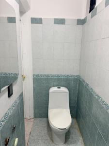 a bathroom with a toilet in a green and white tiles at Colorín RB in La Paz