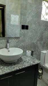 a bathroom with a white sink and a toilet at Ashe Oleng House in Arusha
