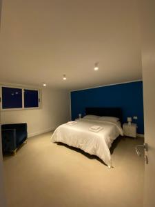 a bedroom with a large bed with a blue wall at La Dimora del Cardinale in Naples
