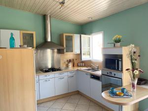 a kitchen with green walls and white cabinets at La Dyva 2 in Saint-Jean-de-Monts +12 photos