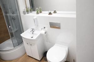 a white bathroom with a toilet and a shower at Apartament Azyl in Przemyśl +6 photos