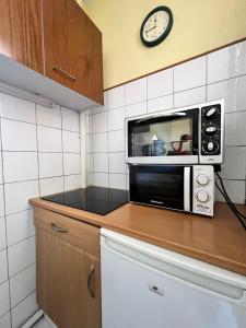 a microwave sitting on a counter in a kitchen at Résidence thermale de Vernet-les-Bains - balcon, ascenseur, wifi, parking in Vernet-les-Bains