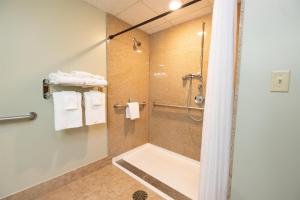 a bathroom with a shower with white towels at Fireside Inn and Suites Bangor in Bangor +49 photos