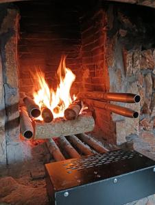 a brick oven with a fire in it at Villa Melpo in Likodhrómion