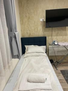 a bedroom with a bed with a tv on a wall at Barackvirág-Vendégház in Érpatak