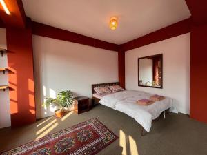 a bedroom with a bed and a mirror and a rug at Avalokiteśvara Āvāsa in Kathmandu