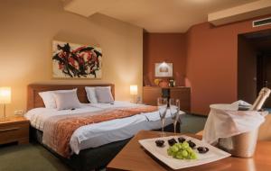 pokój hotelowy z łóżkiem i stołem z talerzem jedzenia w obiekcie Hotel Arka w mieście Skopje +36 zdjęć