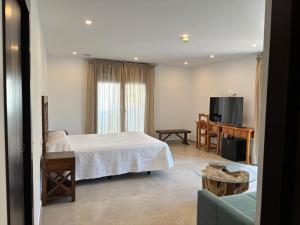 a bedroom with a bed and a table and a tv at Hostal Mulhacén in Trevélez