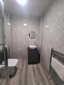 a bathroom with a sink and a toilet and a mirror at Sunderland Stadium Studios in Sunderland