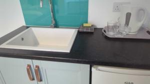 a kitchen counter with a white sink in a kitchen at Sunderland Stadium Studios in Sunderland