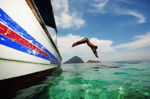 a bird flying over the water next to a boat at Perhentian Island Resort in Perhentian Islands