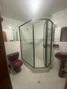 a bathroom with a shower and a toilet and a sink at Siéntete en casa 2 in Pasto +26 photos