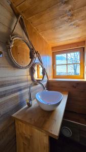 a bathroom with a bowl sink on a wooden counter at Chata pod Červenou studňou in Banská Štiavnica
