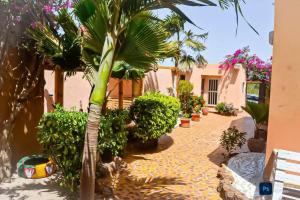 a palm tree in front of a building with plants at Résidence Keur Fleurie in Toubab Dialaw